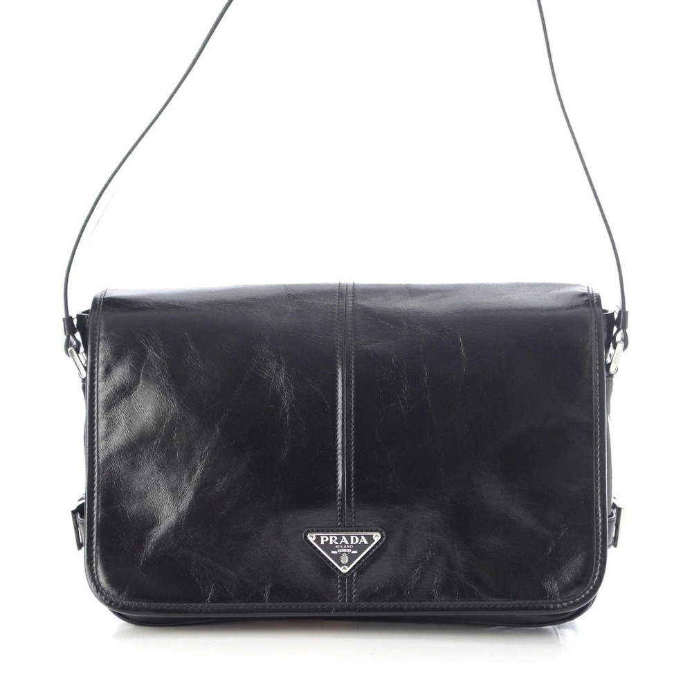 Prada Lux Leather Triangle Plate Shoulder Messenger Bag Black
